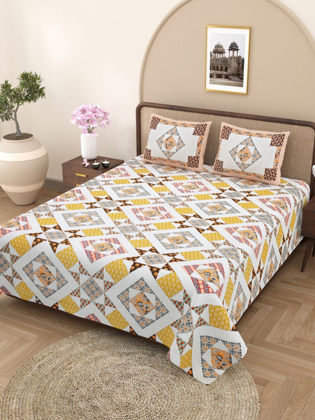 

Plarsh Comfort White & Yellow Floral Pure Cotton 180 TC King Bedsheet with 2 Pillow Covers