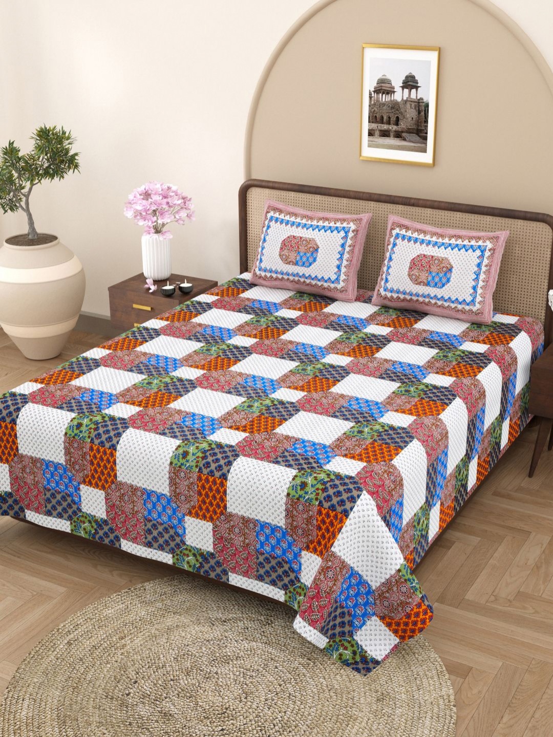 Plarsh Comfort White Floral Printed 180 TC Pure Cotton King Bedsheet With 2 Pillow Covers