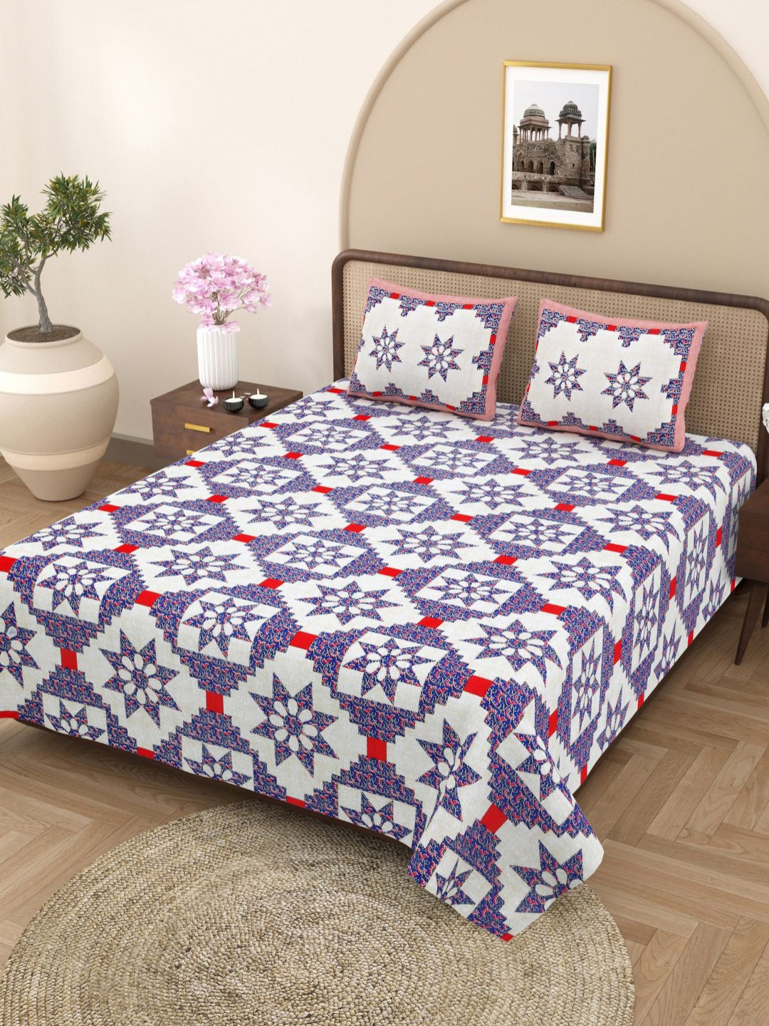 

Plarsh Comfort White & Blue Floral Pure Cotton 180 TC King Bedsheet with 2 Pillow Covers