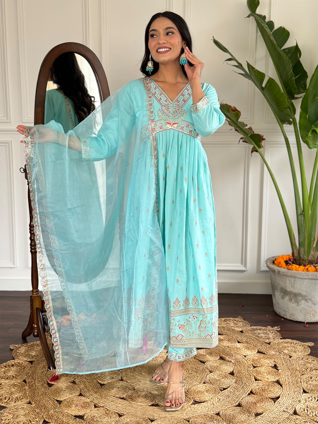 

KALINI Floral Embroidered A-Line Kurta With Trouser & Dupatta, Turquoise blue