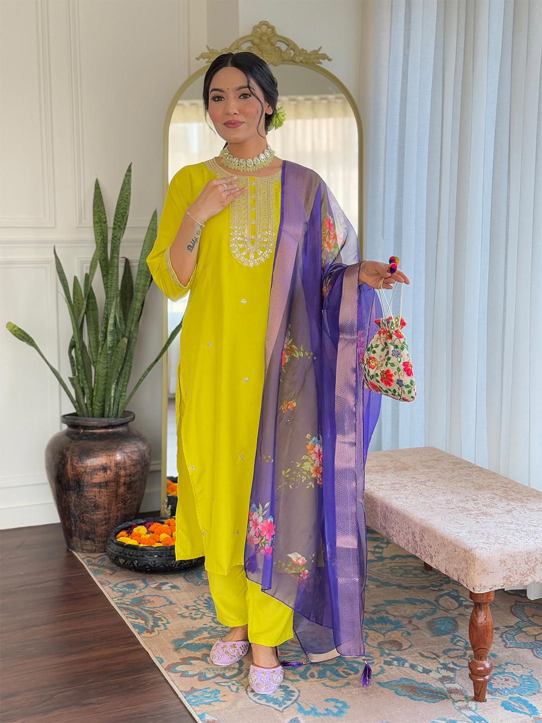 

KALINI Floral Embroidered Straight Sequinned Kurta with Palazzos & With Dupatta, Yellow