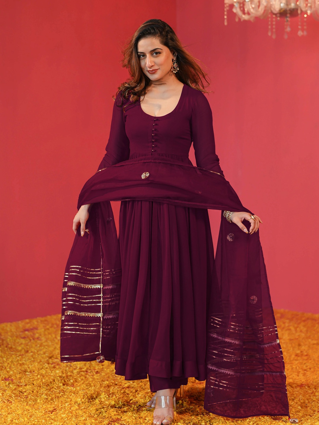 

GoSriKi Solid Anarkali Kurta with Trousers & Dupatta, Maroon