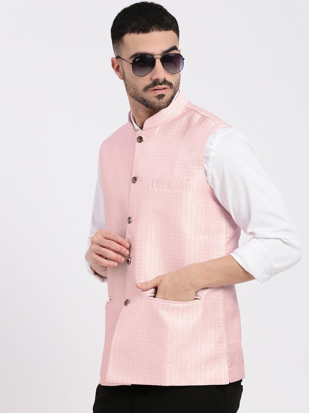 

SHOWOFF Men Woven Design Slim Fit Nehru Jacket, Peach