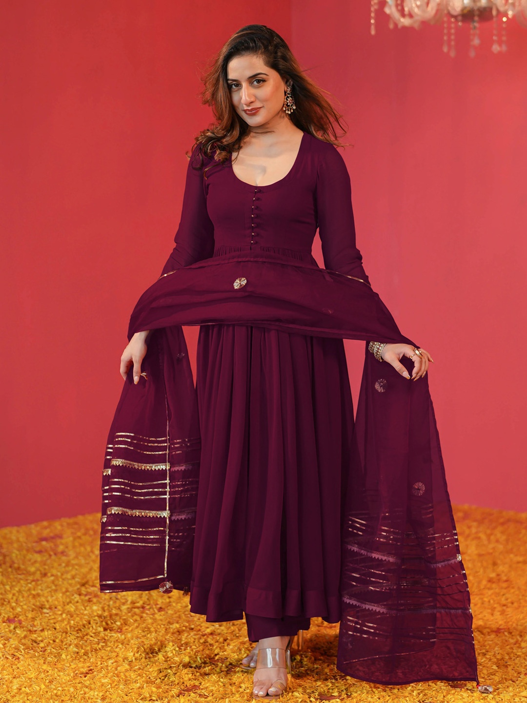 

Anni Designer Women Solid Anarkali Kurta Set With Dupatta, Maroon