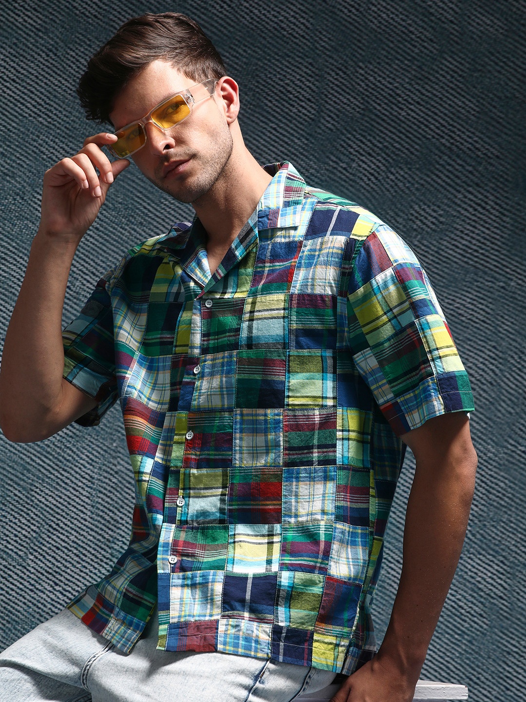 

Henceforth Men Cuban Collar Checked Cotton Boxy Casual Shirt, Navy blue