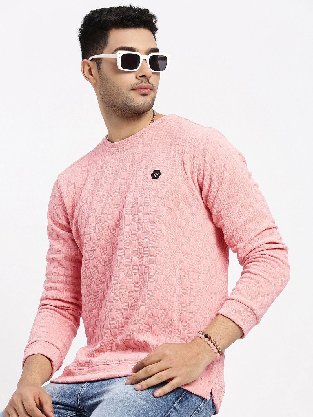 

SHOWOFF Men Self Design Round Neck Sweatshirt, Peach