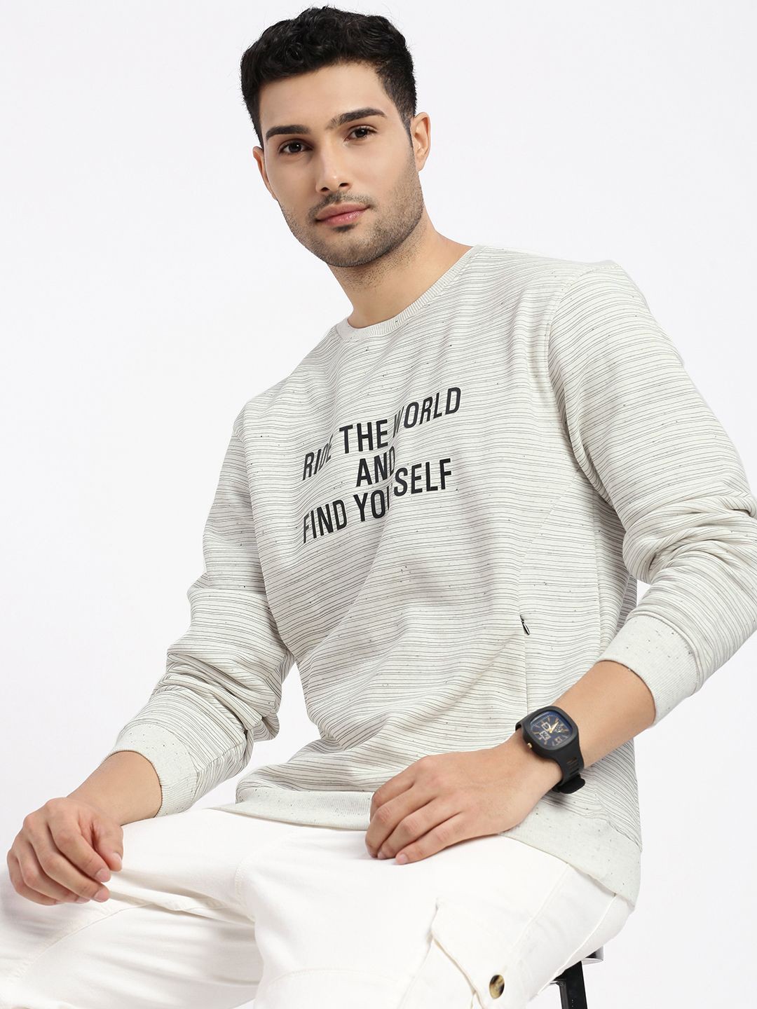 

SHOWOFF Men Striped Round Neck Pullover Sweatshirt, Grey