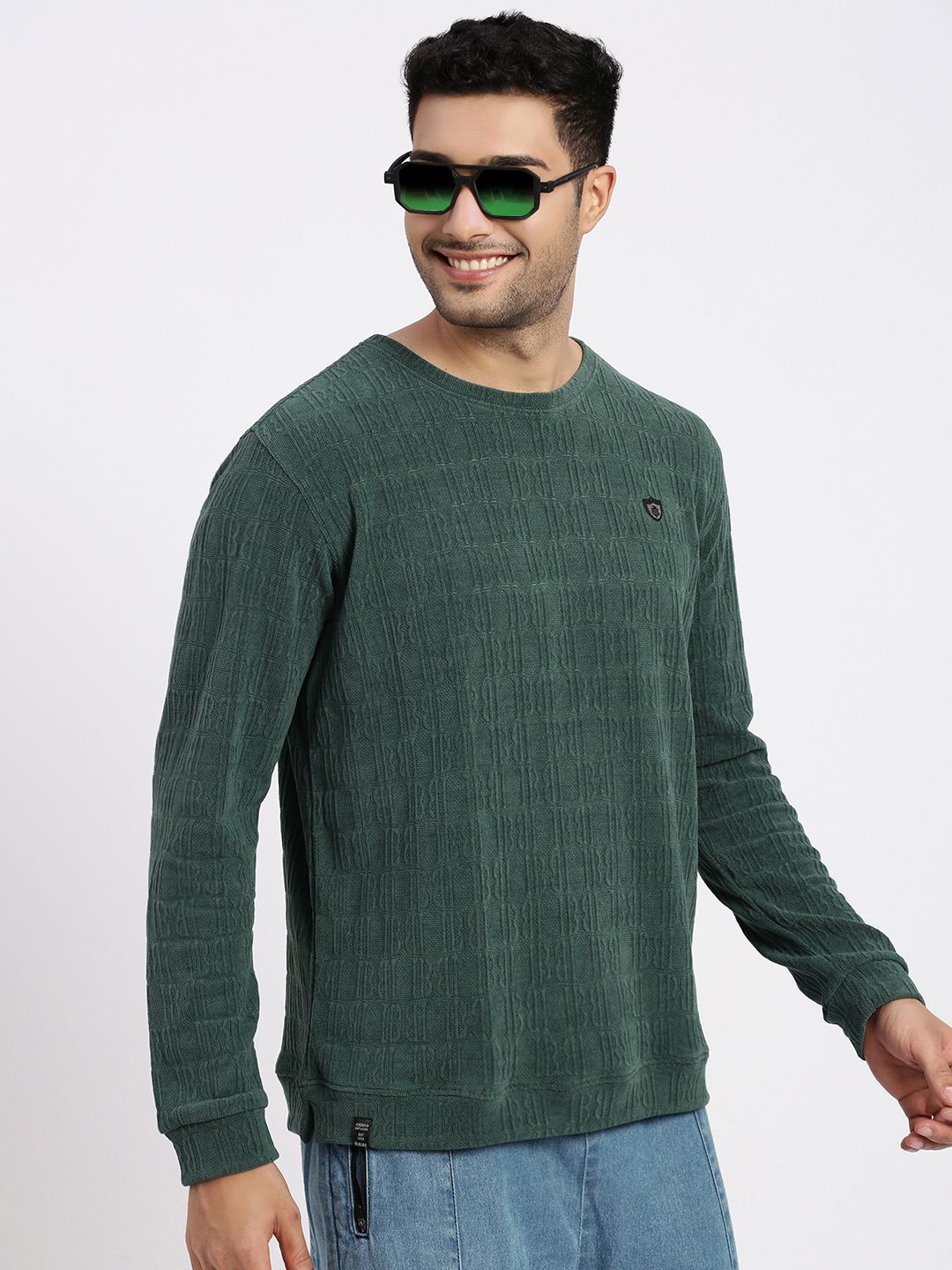 

SHOWOFF Men Self Design Round Neck Sweatshirt, Green