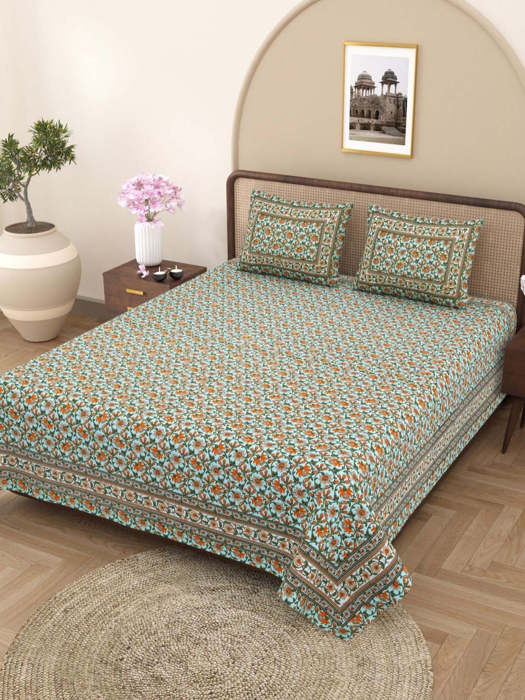 

Plarsh Comfort Blue Floral Printed 180 TC Pure Cotton King Bedsheet With 2 Pillow Covers