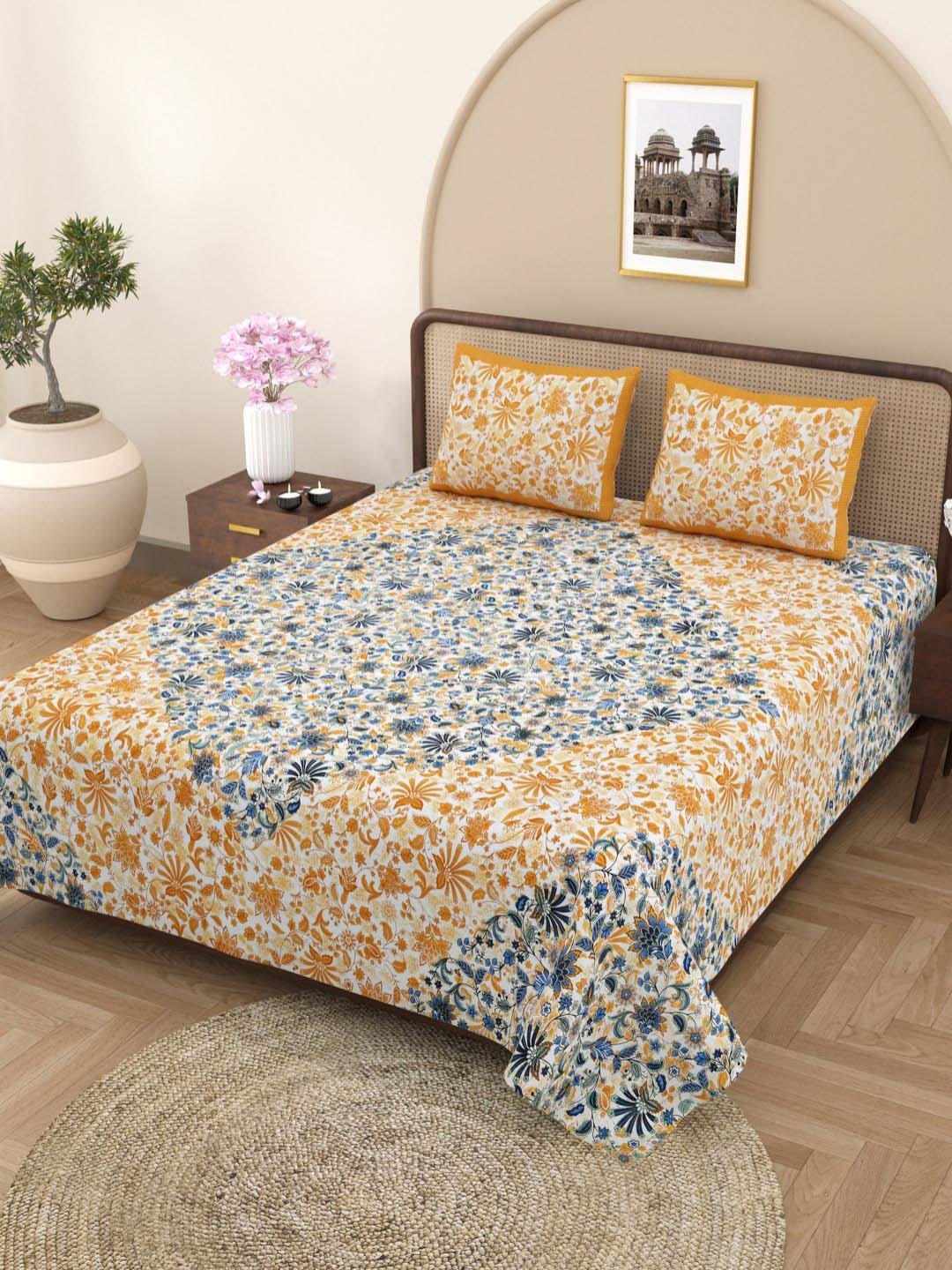 

Plarsh Comfort White & Blue Floral Pure Cotton 180 TC King Bedsheet with 2 Pillow Covers