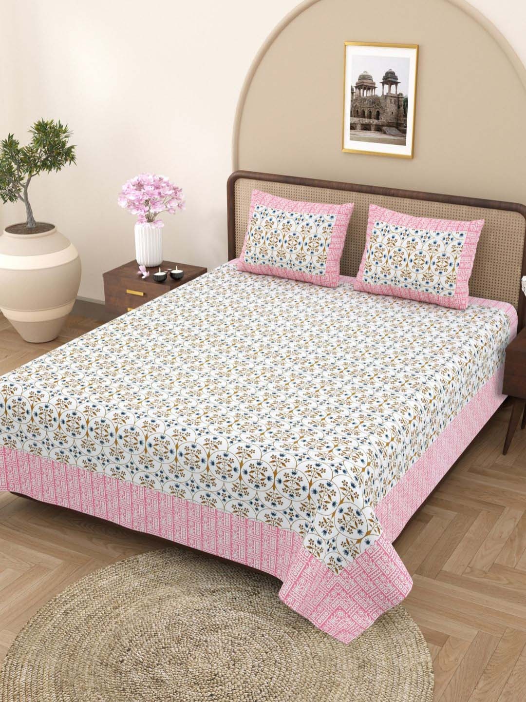 Plarsh Comfort White & Pink Floral Pure Cotton 180 TC King Bedsheet with 2 Pillow Covers