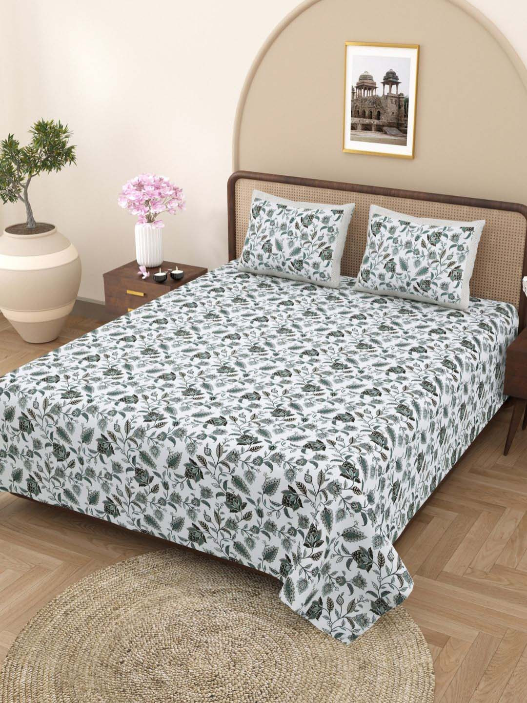 

Plarsh Comfort White & Green Floral Pure Cotton 180 TC King Bedsheet with 2 Pillow Covers