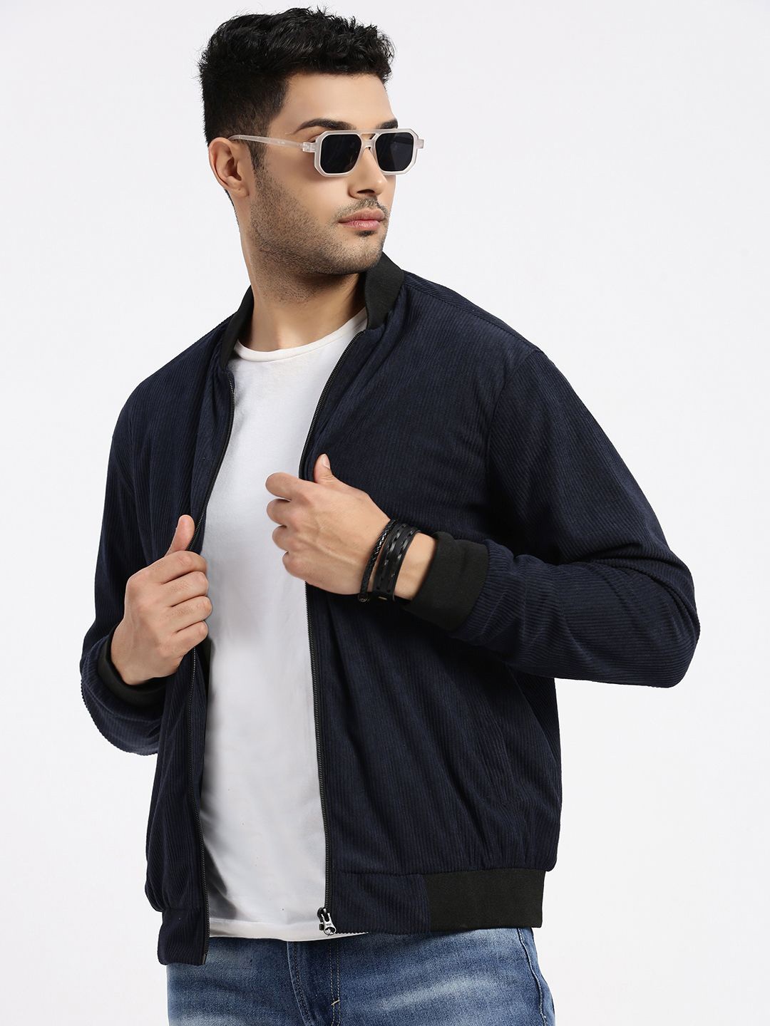 

SHOWOFF Men Self Design Corduroy Bomber Jacket, Navy blue