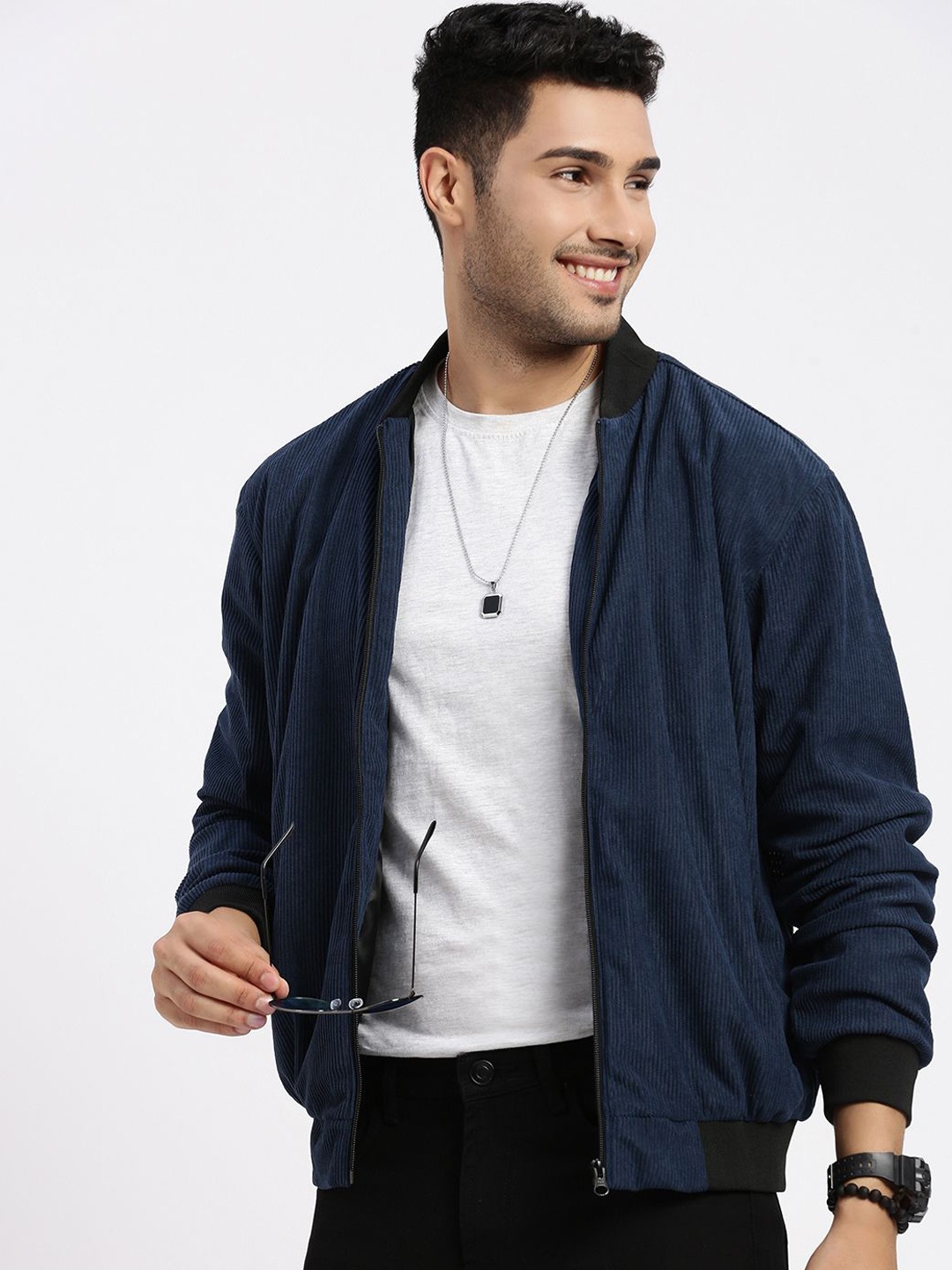 

SHOWOFF Men Self Design Corduroy Bomber Jacket, Navy blue