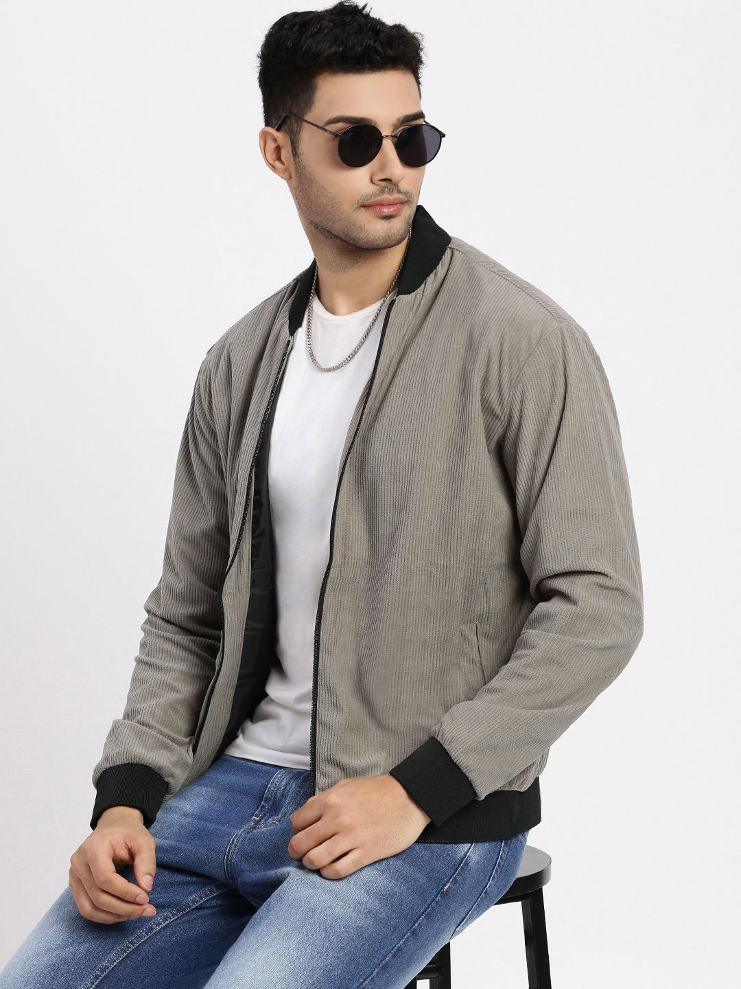 SHOWOFF Men Mandarin Collar Bomber Jacket, Grey