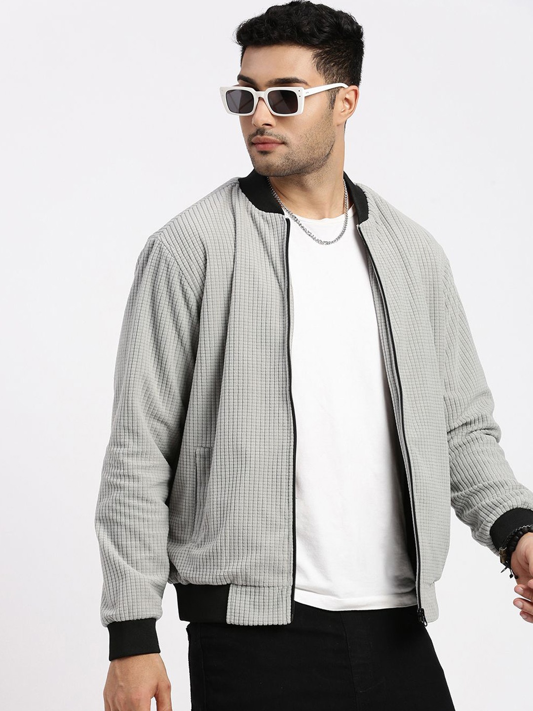 

SHOWOFF Men Mandarin Collar Windcheater Bomber Jacket, Grey