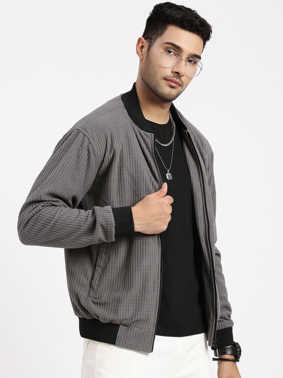 

SHOWOFF Men Mandarin Collar Windcheater Bomber Jacket, Grey