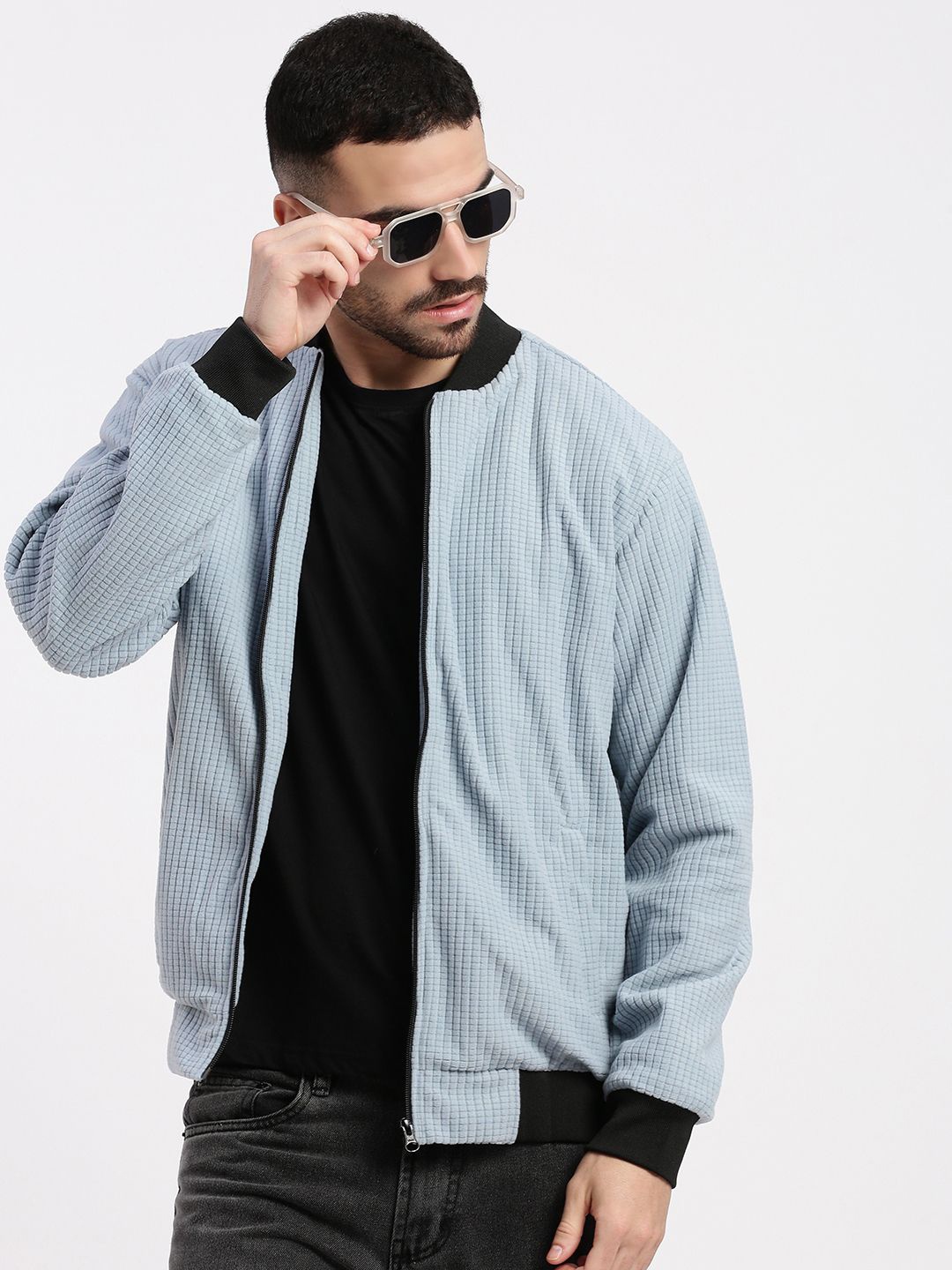 

SHOWOFF Men Mandarin Collar Bomber Jacket, Blue