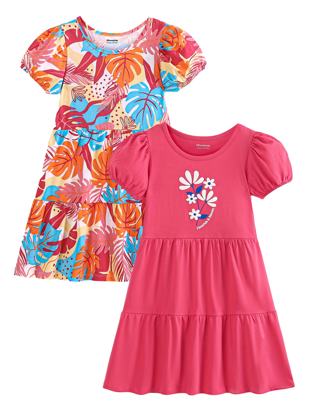 

Honeyhap Floral Printed Puff Sleeve Fit & Flare Cotton Dress, Red