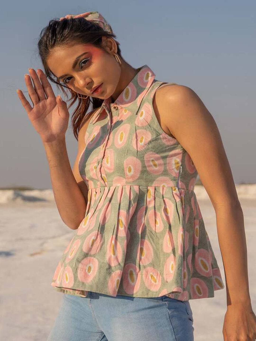 

Fancy Pastels Women Abstract Printed Shirt Collar Pure Cotton Casual Top, Pink