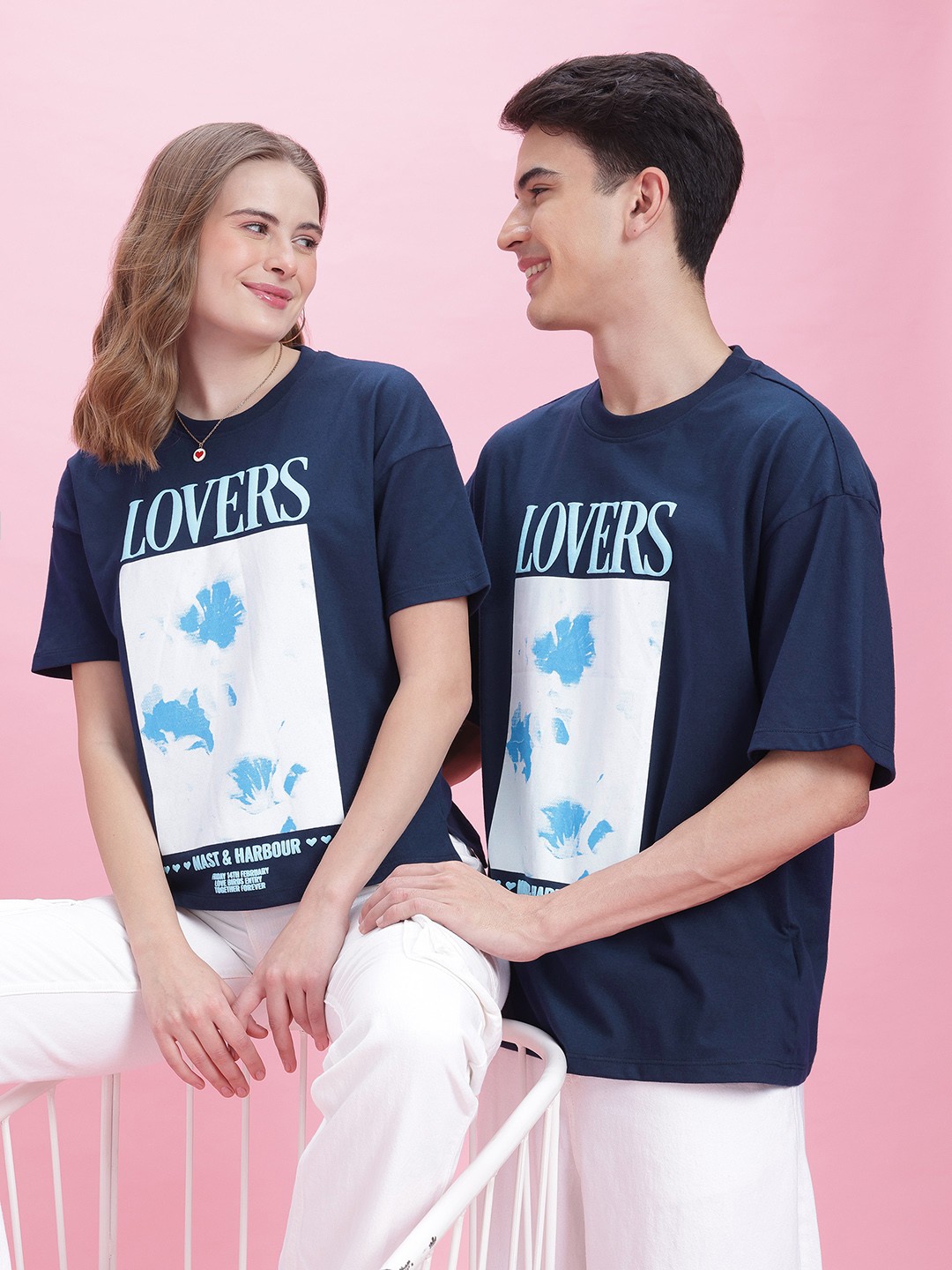 

Mast & Harbour Twin Collection Printed Drop-Shoulder Sleeves T-shirt, Navy blue