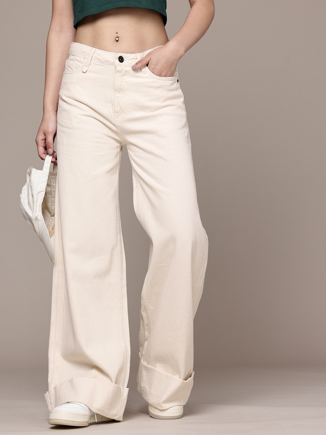 

The Roadster Life Co. Women Pure Cotton Wide Leg High-Rise Jeans, Off white
