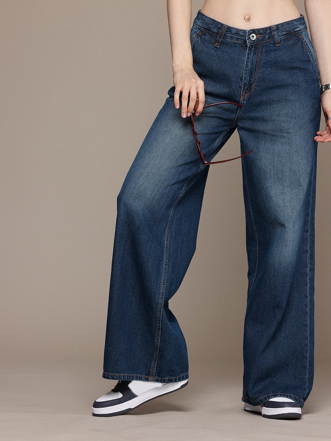 

The Roadster Life Co. Women Wide Leg High-Rise Pure Cotton Jeans, Blue