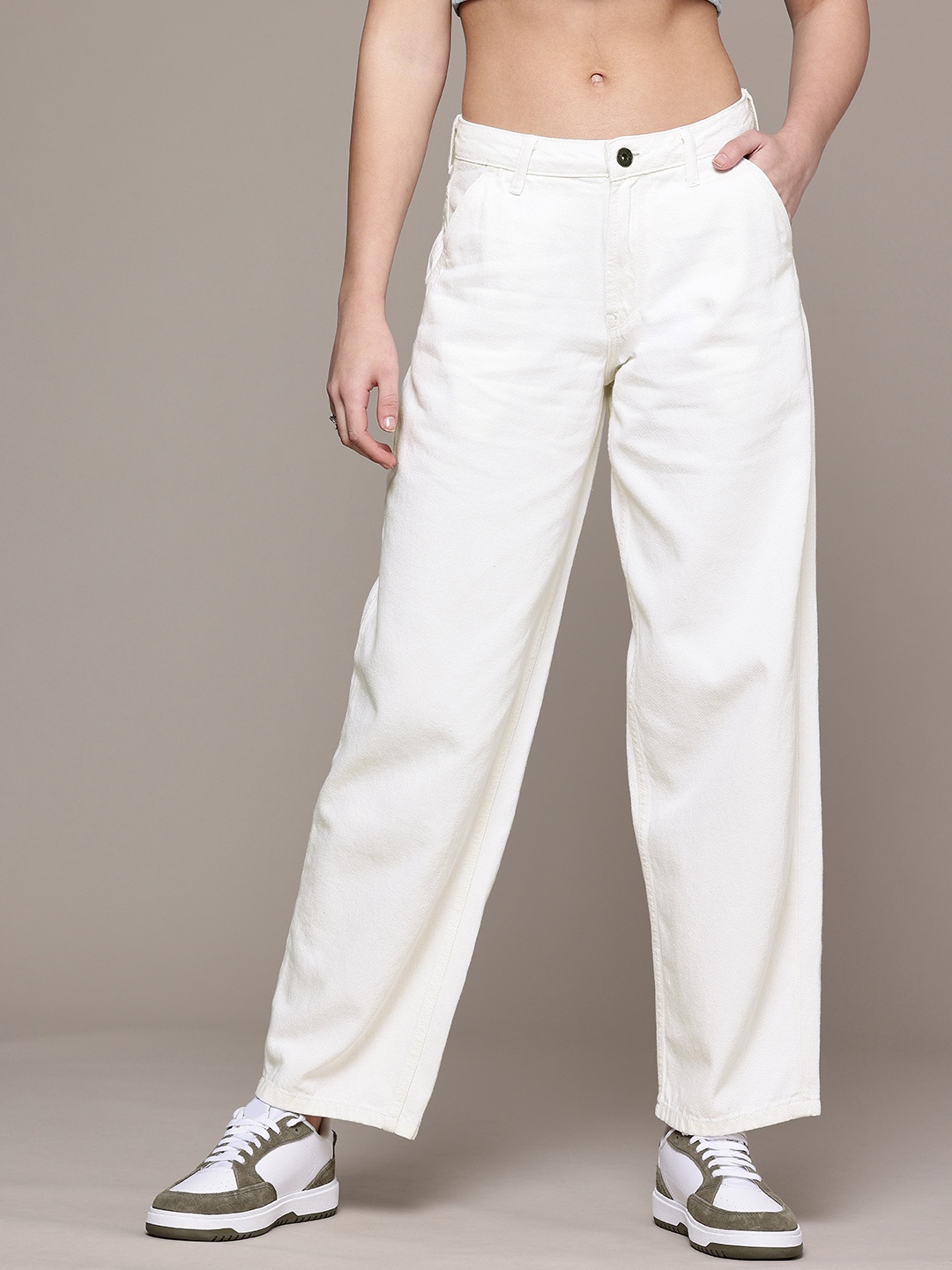 

The Roadster Life Co. Women Wide Leg Pure Cotton Jeans, Off white