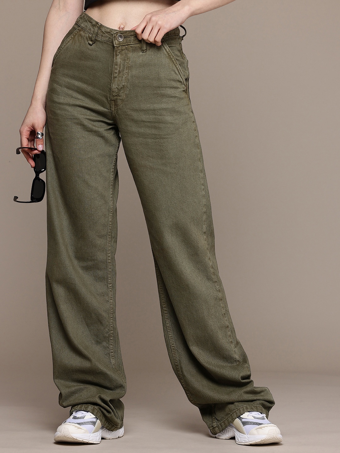 

The Roadster Life Co. Women Baggy Fit High-Rise Pure Cotton Jeans, Olive