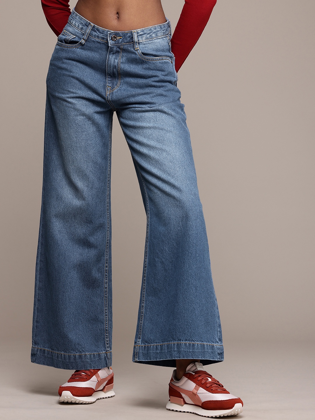 The Roadster Life Co. Women Wide Leg High-Rise Light Fade Pure Cotton Jeans, Blue