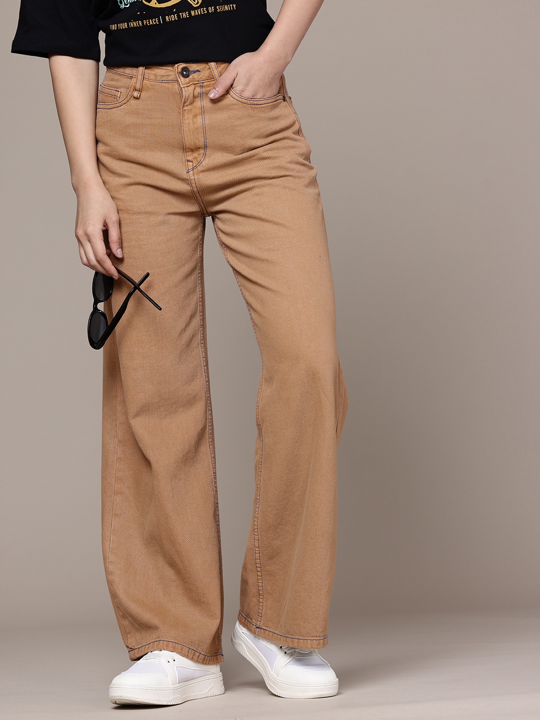 

The Roadster Life Co. Women Pure Cotton Wide Leg High-Rise Jeans, Brown