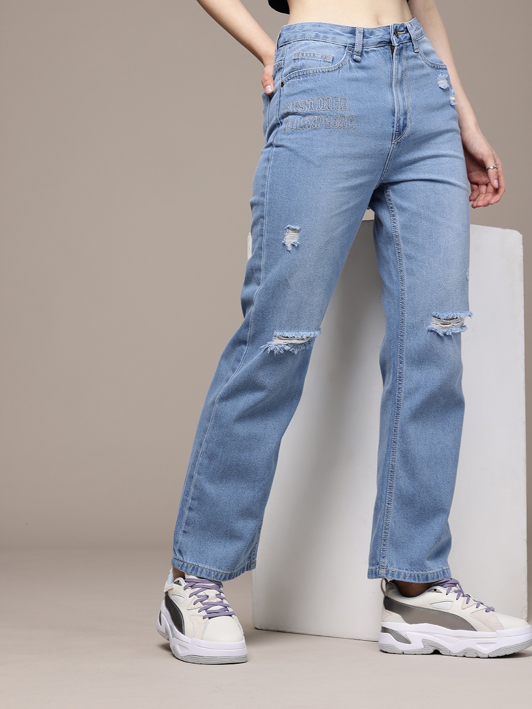 

The Roadster Life Co. Women Straight Fit High-Rise Highly Distressed Pure Cotton Jeans, Blue