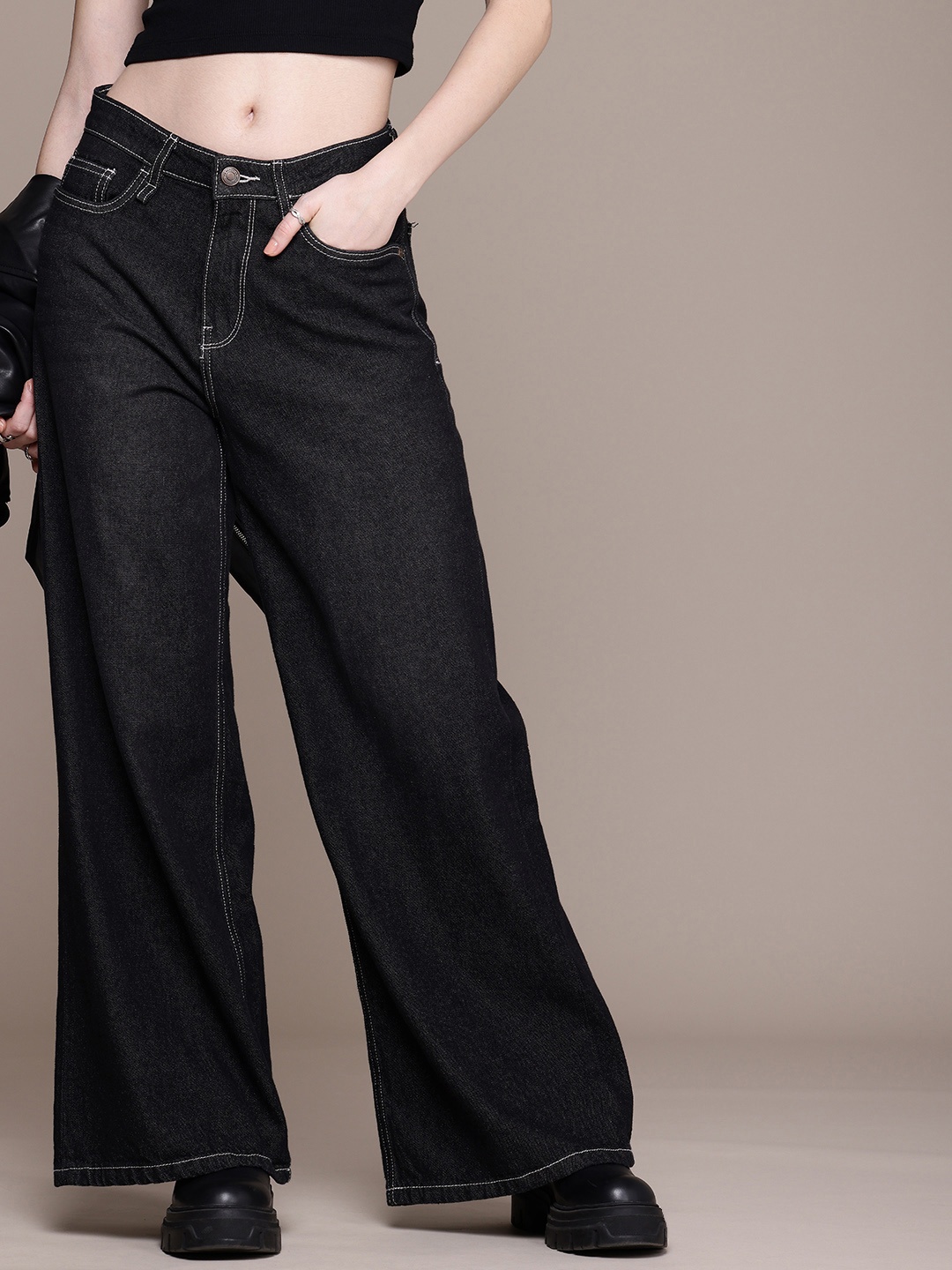 

The Roadster Life Co. Women Wide Leg High-Rise Pure Cotton Jeans, Blue