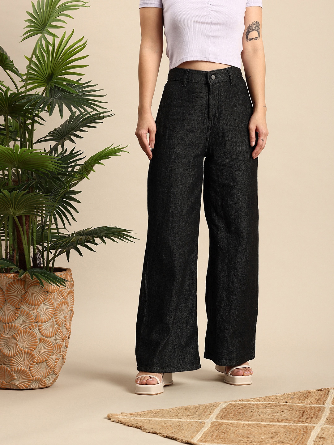 

Mast & Harbour Women Wide Leg Light Fade Pure Cotton Jeans, Charcoal