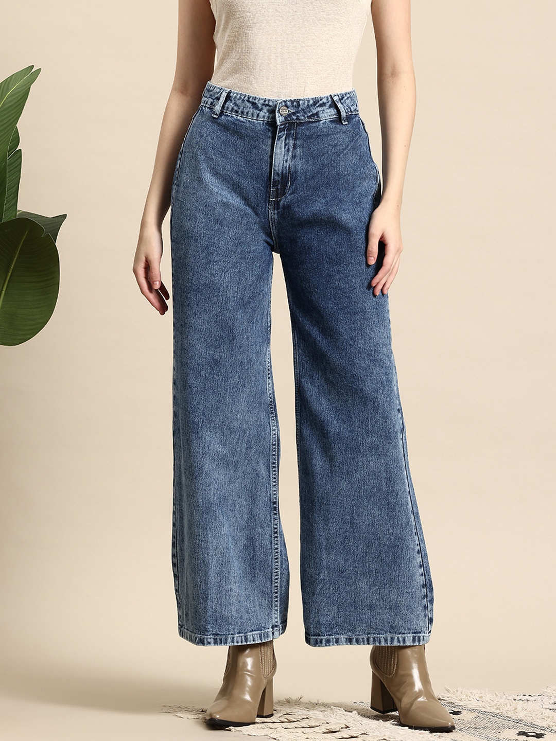

Mast & Harbour Women Pure Cotton Wide Leg Jeans, Blue