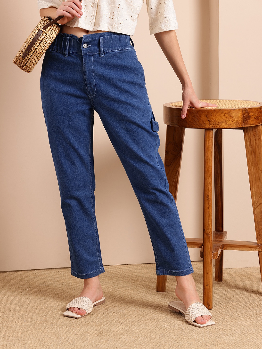 

Mast & Harbour Women Mom Fit Cropped Jeans, Blue