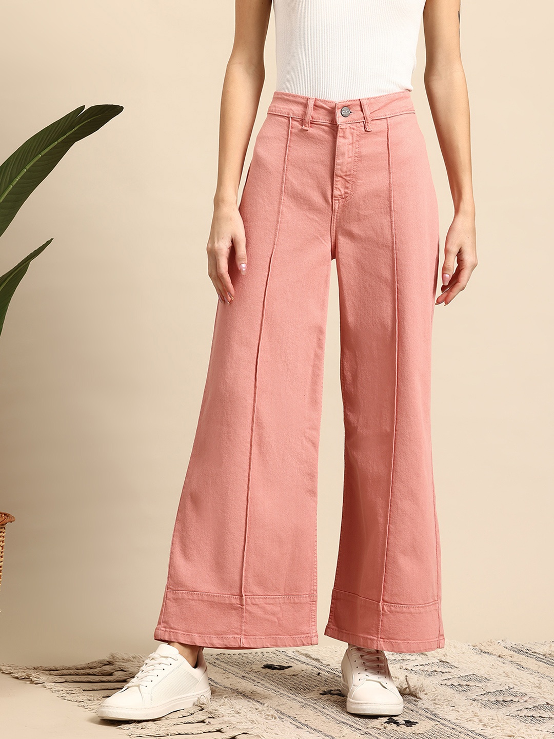 

Mast & Harbour Women Wide Leg Jeans, Peach