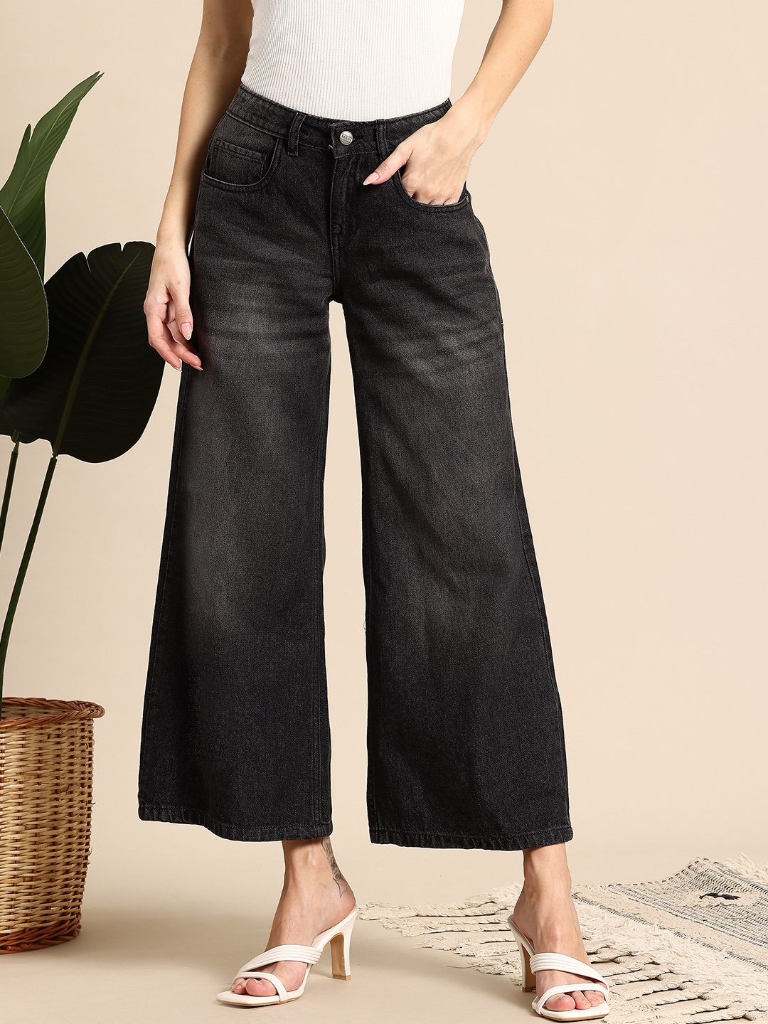 

Mast & Harbour Women Pure Cotton Wide Leg Jeans, Black