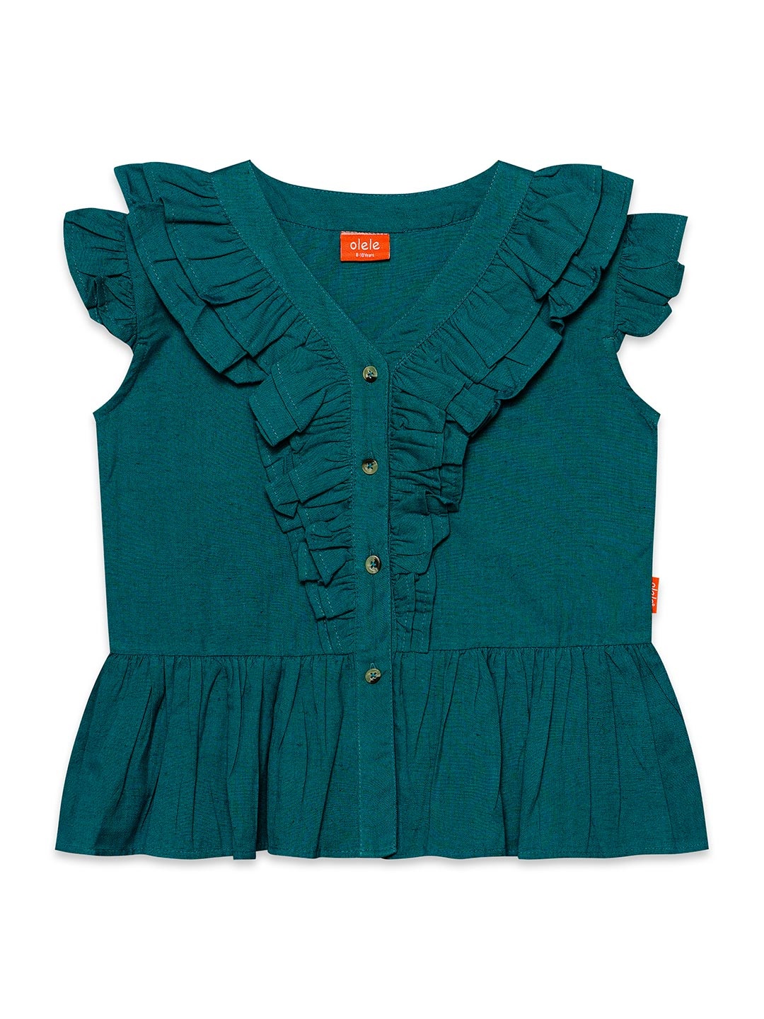 

Olele Girls Cotton Top with Ruffle V-Neck, Teal