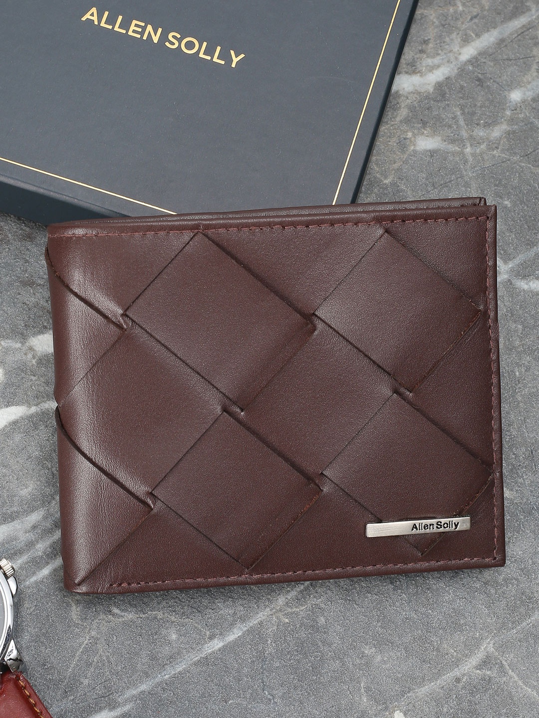 

Allen Solly Men Leather Intrecciato Weave Two Fold Wallet, Brown