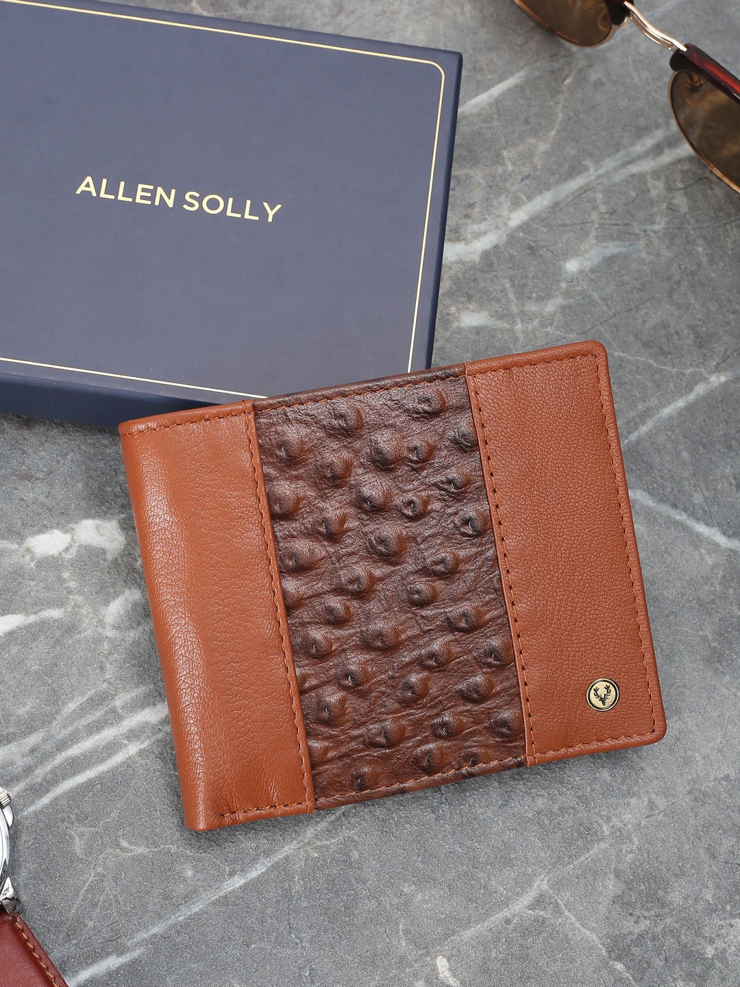 

Allen Solly Men Textured Leather Two Fold Wallet, Tan