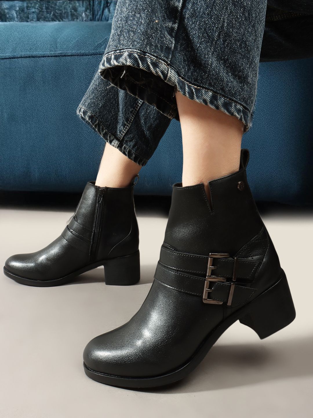 

Carlton London Women Round Toe Block Heel Monk Strap Boots, Black