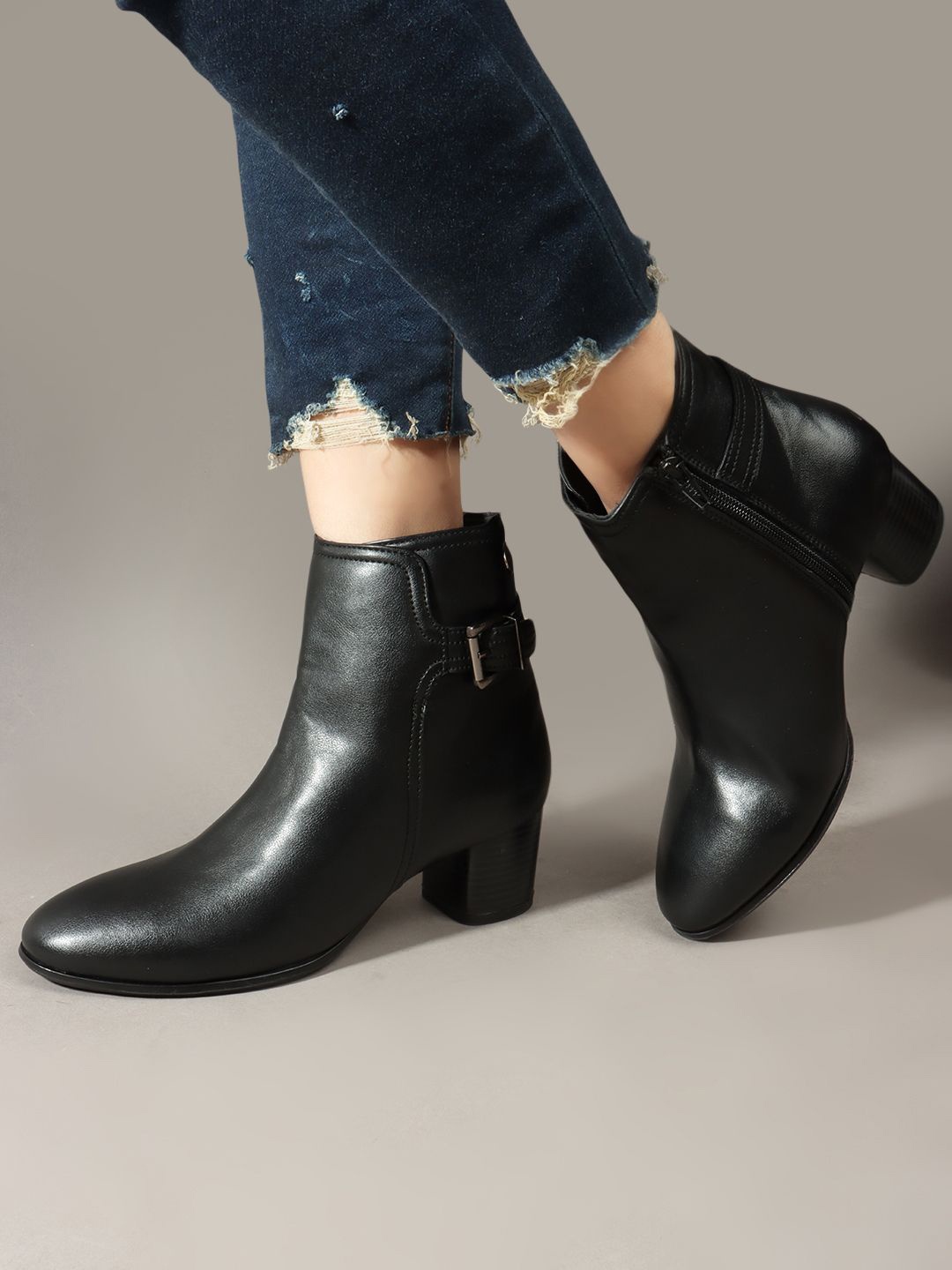 

Carlton London Women Round Toe Block Heel Monk Strap Boots, Black