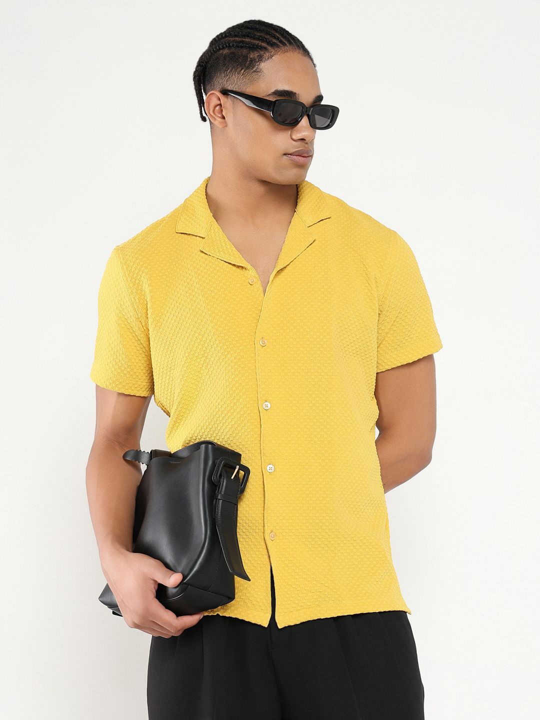 

SHOWOFF Men Comfort Cuban Collar Solid Crepe Relaxed Fit Casual Shirt, Yellow