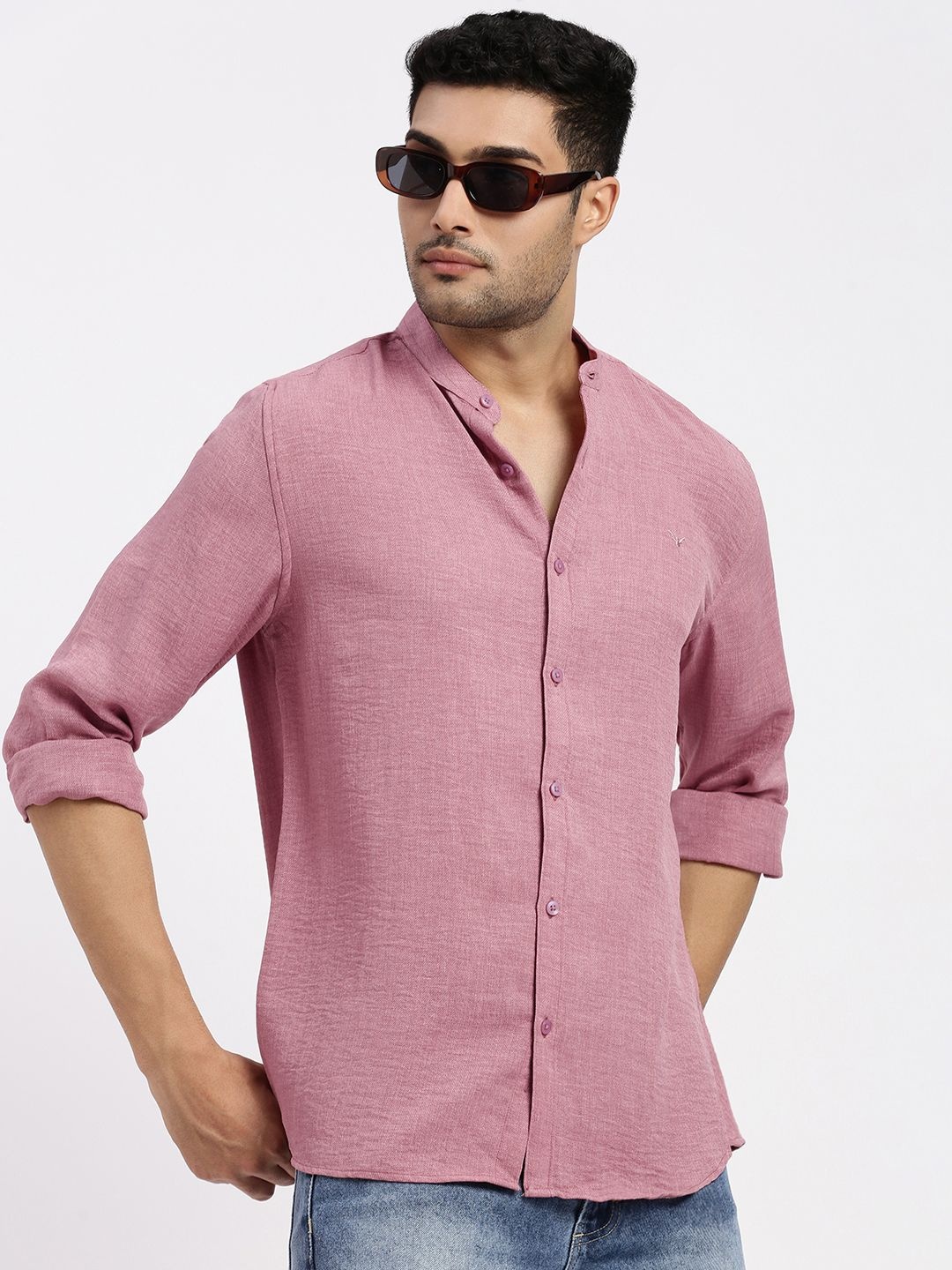 

SHOWOFF Men Standard Band Collar Solid Cotton Slim Fit Casual Shirt, Mauve