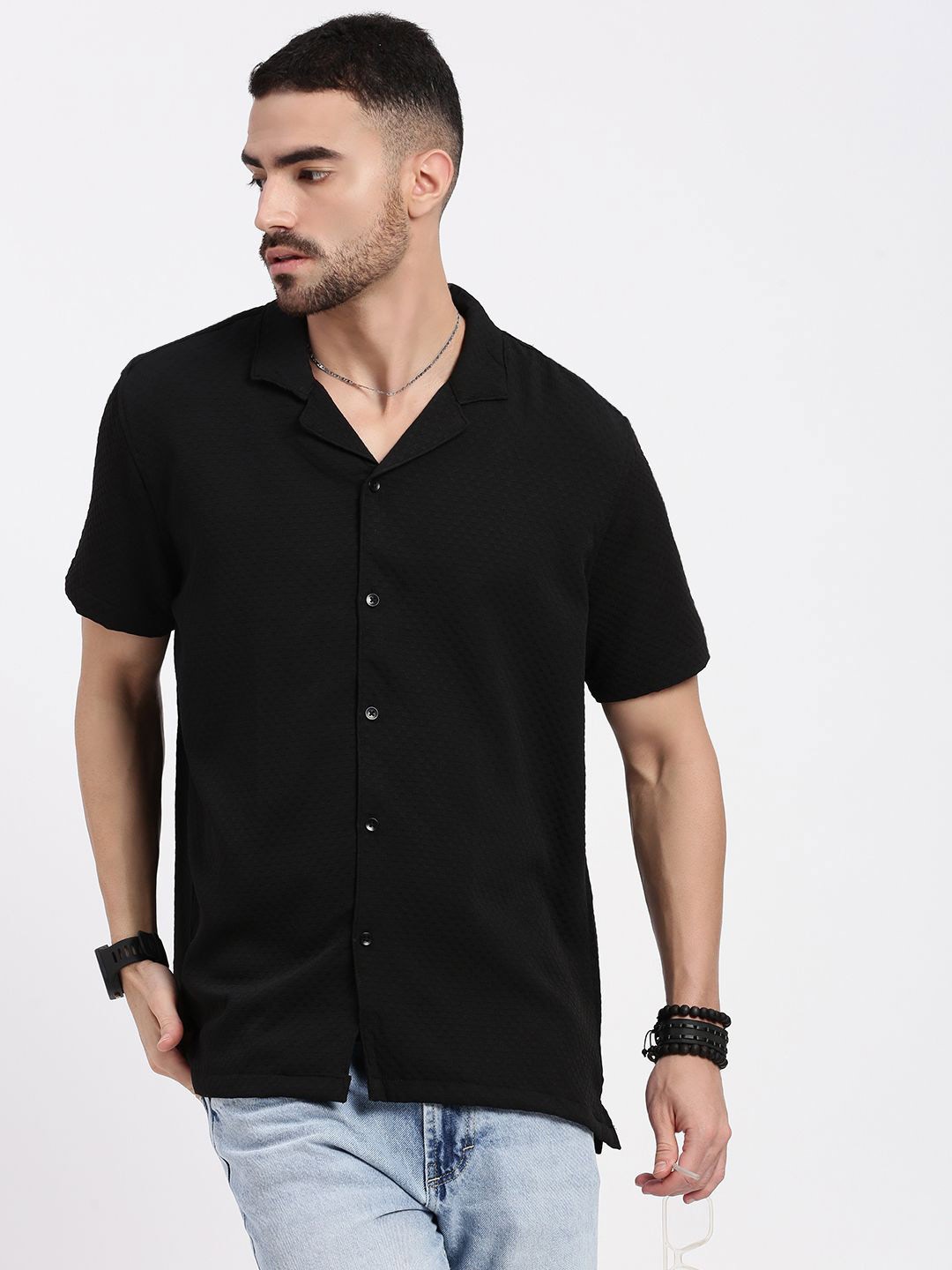 

SHOWOFF Men Comfort Cuban Collar Solid Crepe Relaxed Fit Casual Shirt, Black