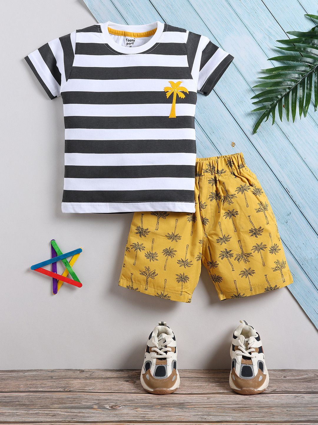 

Toonyport Boys Striped Pure Cotton T-shirt with Shorts, White