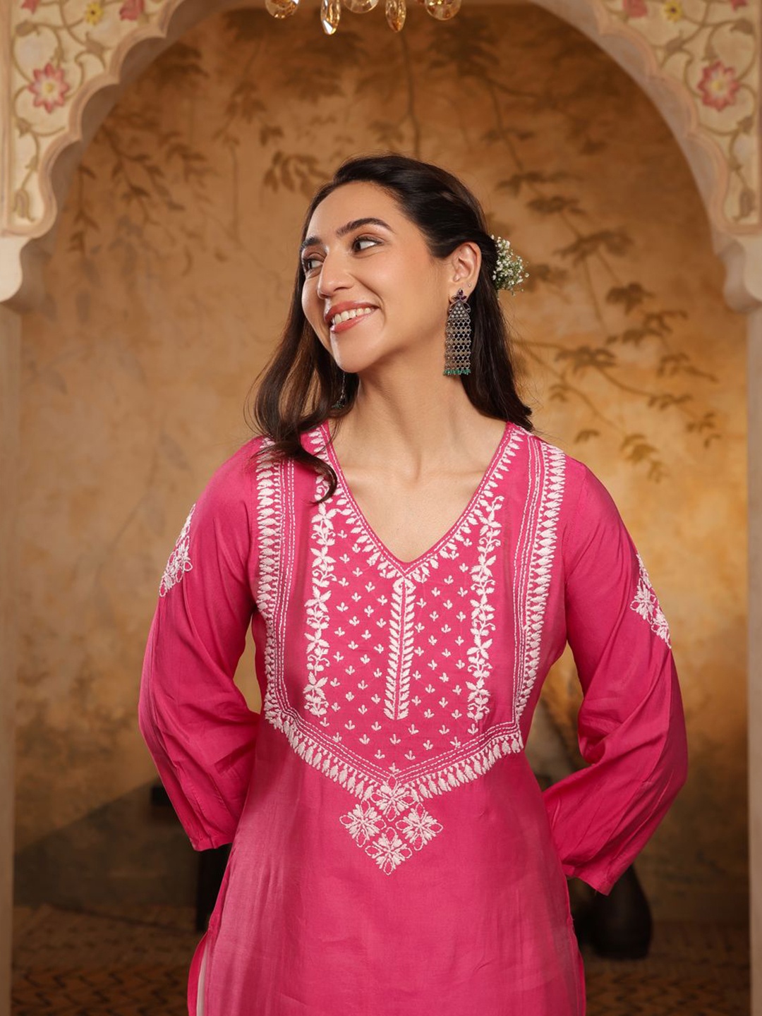 

House of Chikankari Chikankari Woven Long Kurta, Pink