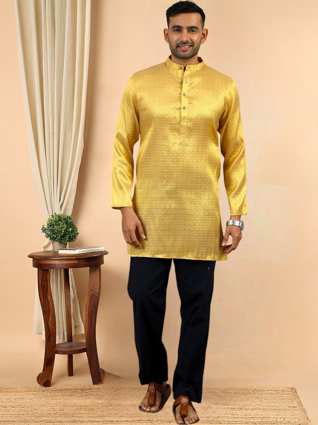 

TATTVA Woven Design Band Collar Straight Kurta, Gold