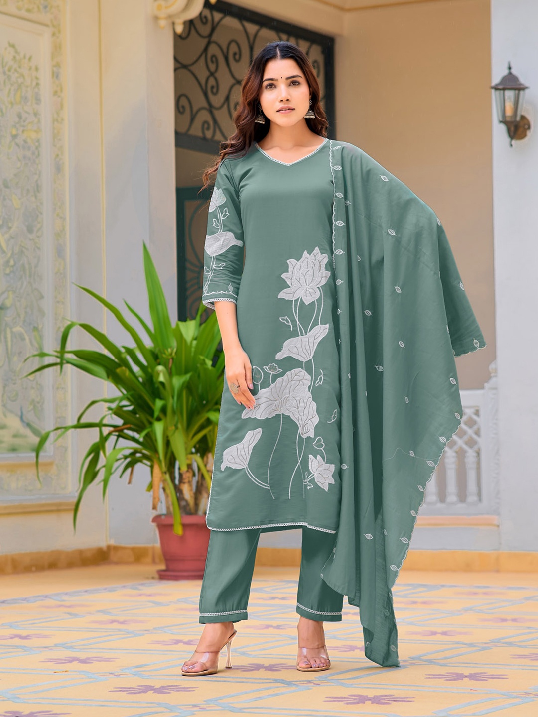 

KALINI Women Floral Embroidered Chanderi Cotton Straight Kurta With Trouser & Dupatta, Sea green